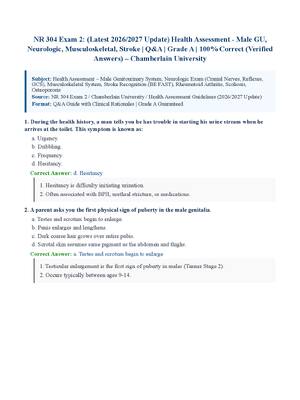 Preview of NR 304 Exam 2: (Latest 2026/2027 Update) Health Assessment - Male GU, Neurologic, Musculoskeletal, Stroke | Q&amp;A | Grade A | 100% Correct (Verified Answers) – Chamberlain University