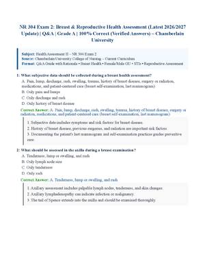 Preview of NR 304 Exam 2: Breast &amp; Reproductive Health Assessment (Latest 2026/2027 Update) | Q&amp;A | Grade A | 100% Correct (Verified Answers) – Chamberlain University