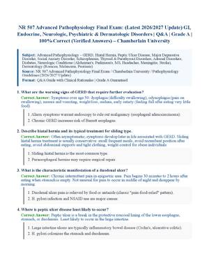 Preview of NR 507 Advanced Pathophysiology Final Exam: (Latest 2026/2027 Update) GI, Endocrine, Neurologic, Psychiatric &amp; Dermatologic Disorders | Q&amp;A | Grade A | 100% Correct (Verified Answers) – Chamberlain University