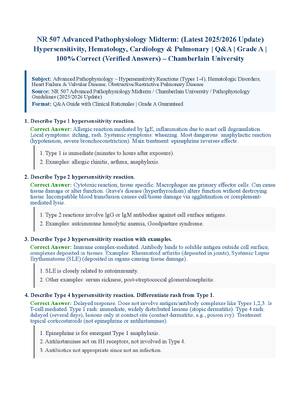 Preview of NR 507 Advanced Pathophysiology Midterm: (Latest 2025/2026 Update) Hypersensitivity, Hematology, Cardiology &amp; Pulmonary | Q&amp;A | Grade A | 100% Correct (Verified Answers) – Chamberlain University