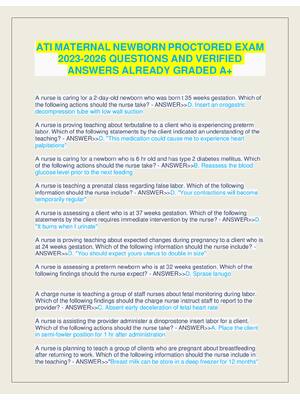 Preview of ATI MATERNAL NEWBORN PROCTORED EXAM  2023-2026 QUESTIONS AND VERIFIED  ANSWERS ALREADY GRADED A+