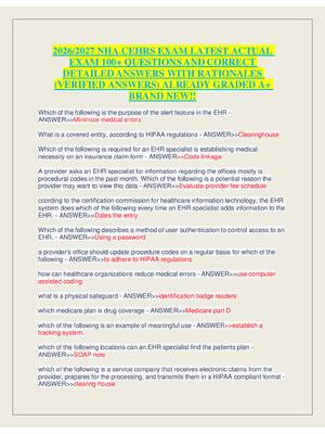 Preview of 2026/2027 NHA CEHRS EXAM LATEST ACTUAL  EXAM 100+ QUESTIONS AND CORRECT  DETAILED ANSWERS