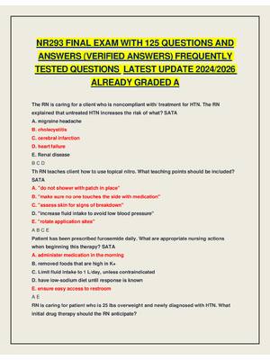 Preview image for NR293 FINAL EXAM WITH 125 QUESTIONS AND  ANSWERS (VERIFIED ANSWERS) FREQUENTLY  TESTED QUESTIONS  LATEST UPDATE 2024/2026  ALREADY GRADED A