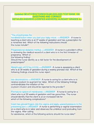 Preview of Updated OB ATI PROCTORED EXAM 2023-2025 TEST BANK 100  QUESTIONS AND CORRECT  DETAILED ANS