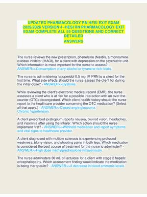Preview image for UPDATED PHARMACOLOGY RN HESI EXIT EXAM  2025/2026 VERSION 4 -HESI RN PHARMACOLOGY EXIT  EXAM COMPLETE ALL 55 QUESTIONS AND CORRECT  DETAILED  ANSWERS