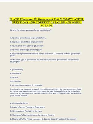Preview of PLATO Edmentum US Government Test 2026/2027 LATEST  QUESTIONS AND CORRECT DETAILED ANSWERS