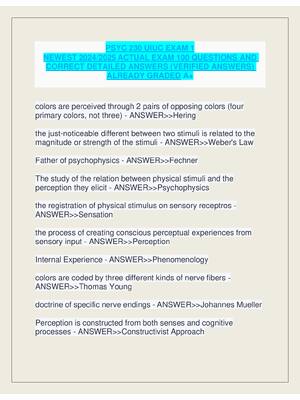 Preview of PSYC 230 UIUC EXAM 1  NEWEST 2024/2025 ACTUAL EXAM 100 QUESTIONS AND  CORRECT DETAILED ANS