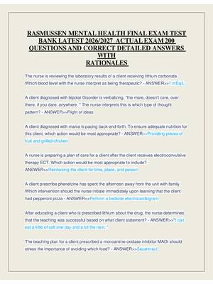 Preview of RASMUSSEN MENTAL HEALTH FINAL EXAM TEST  BANK LATEST 2026/2027  ACTUAL EXAM 200  QUESTIONS