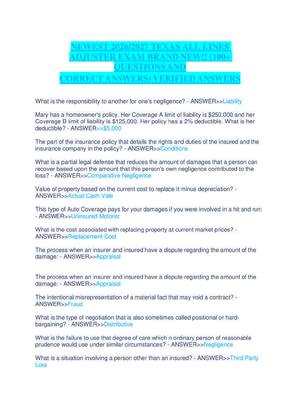 Preview of TEXAS ALL LINES  ADJUSTER EXAM BRAND NEW!! (100+  QUESTIONS AND  CORRECT ANSWERS) VERIFIED