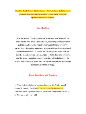 Preview of Florida Real Estate State Exam – Florida Real Estate State Exam Questions and Answers – Co