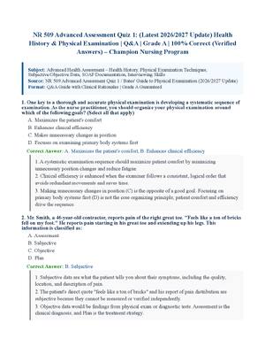 Preview of NR 509 Advanced Assessment Quiz 1: (Latest 2026/2027 Update) Health History & Physical Exa