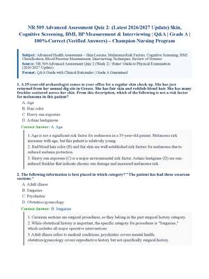 Preview of NR 509 Advanced Assessment Quiz 2: (Latest 2026/2027 Update) Skin, Cognitive Screening, BMI, BP Measurement &amp; Interviewing | Q&amp;A | Grade A | 100% Correct (Verified Answers) – Nursing Program