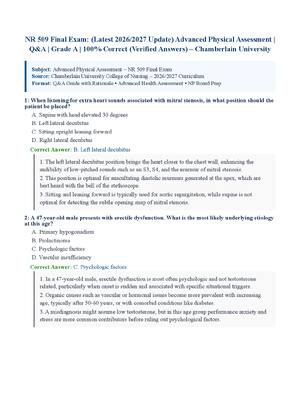 Preview of NR 509 Final Exam: (Latest 2026/2027 Update) Advanced Physical Assessment | Q&amp;A | Grade A | 100% Correct (Verified Answers) – Chamberlain University