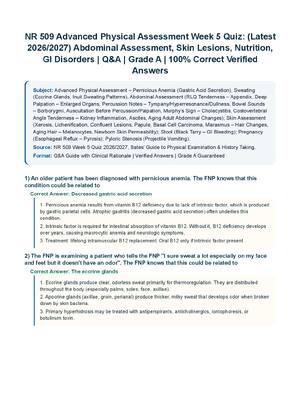 Preview of NR 509 Advanced Physical Assessment Week 5 Quiz: (Latest 2026/2027) Abdominal Assessment, Skin Lesions, Nutrition, GI Disorders | Q&amp;A | Grade A | 100% Correct