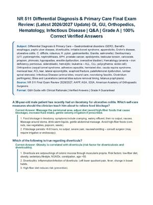 Preview of NR 511 Differential Diagnosis &amp; Primary Care Final Exam Review: (Latest 2026/2027 Update) GI, GU, Orthopedics, Hematology, Infectious Disease | Q&amp;A | Grade A