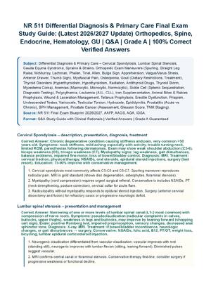 Preview of NR511/ NR 511 Final Exam Study Guide (Latest 2026/2027 Update) | Complete Q&amp;A with Verified Answers and Detailed Rationales | Differential Diagnosis &amp; Primary Care – Orthopedics, Spine, Endocrine, Hematology, GU | A+ Graded | Chamberlain University