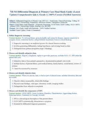 Preview of NR 511 Differential Diagnosis &amp; Primary Care Final Study Guide: (Latest Update) Comprehensive Q&amp;A | Grade A | 100% Correct (Verified Answers)