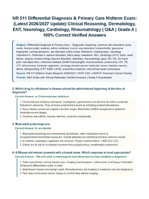 Preview of NR 511 Differential Diagnosis &amp; Primary Care Midterm Exam: (Latest 2026/2027 Update) Clinical Reasoning, Dermatology, ENT, Neurology, Cardiology, Rheumatology | Q&amp;A | Grade A