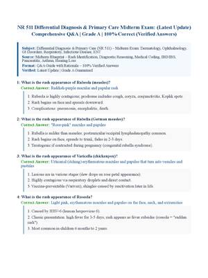 Preview of NR 511 Differential Diagnosis &amp; Primary Care Midterm Exam: (Latest Update) Comprehensive Q&amp;A | Grade A | 100% Correct (Verified Answers)