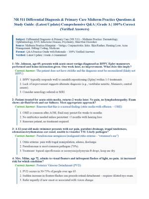 Preview of NR 511 Differential Diagnosis &amp; Primary Care Midterm Practice Questions &amp; Study Guide: (Latest Update) Comprehensive Q&amp;A | Grade A | 100% Correct (Verified Answers)