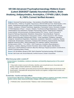 Preview of NR 546 Advanced Psychopharmacology Midterm Exam: (Latest 2026/2027 Update) Neurotransmitters, Brain Anatomy, Antipsychotics, Anxiolytics, CYP450 | Q&amp;A