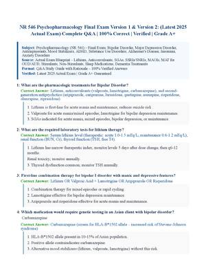 Preview of NR 546 Psychopharmacology Final Exam Version 1 &amp; Version 2: (Latest 2025 Actual Exam) Complete Q&amp;A | 100% Correct | Verified | Grade A+