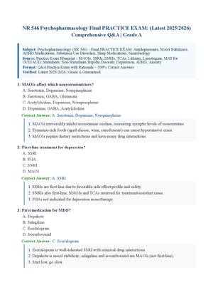Preview of NR 546 Psychopharmacology Final PRACTICE EXAM: (Latest 2025/2026) Comprehensive Q&amp;A | Grade A
