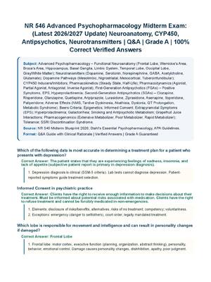 Preview of NR 546 Advanced Psychopharmacology Midterm Exam: (Latest 2026/2027 Update) Neuroanatomy, CYP450, Antipsychotics, Neurotransmitters | Q&amp;A | Grade A