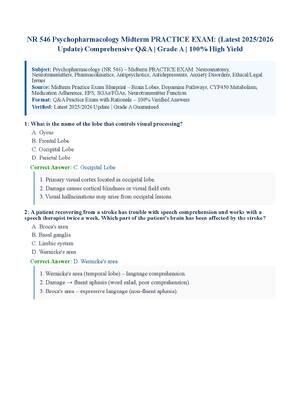 Preview of NR 546 Psychopharmacology Midterm PRACTICE EXAM: (Latest 2025/2026 Update) Comprehensive Q&amp;A | Grade A | 100% High Yield