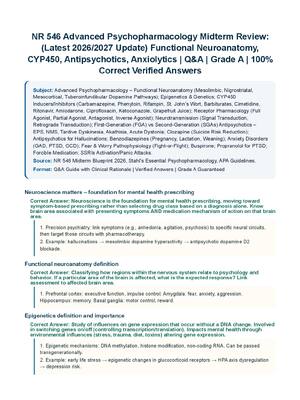 Preview of NR 546 Advanced Psychopharmacology Midterm Review: (Latest 2026/2027 Update) Functional Neuroanatomy, CYP450, Antipsychotics, Anxiolytics | Q&amp;A | Grade A