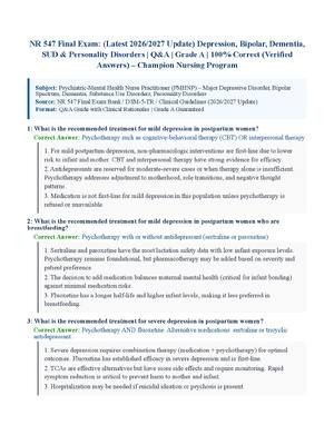 Preview of NR547/ NR 547 Final Exam (Latest 2026/2027 Update) | Complete Exam Questions with Verified Answers and Detailed Rationales | Psychiatric Mental Health – Depression, Bipolar, Dementia, SUD, Personality Disorders | A+ Graded | Chamberlain University