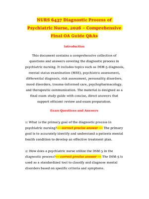 Preview of NURS 6437 Diagnostic Process of Psychiatric Nurse, 2026 – Comprehensive Final OA Guide Q&A