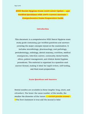 Preview of HESI Dental Hygiene Exam 2026 Latest Update – 430 Verified Questions with 100% Correct Ans