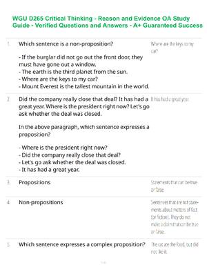 Preview of D265 WGU Critical Thinking - Reason and Evidence Study Guide - Verified Questions and Answers - A+ Guaranteed Success