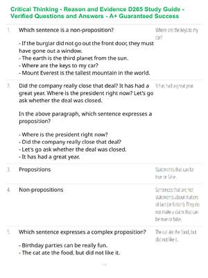 Preview of Critical Thinking - Reason and Evidence D265 Study Guide - Verified Questions and Answers - A+ Guaranteed Success