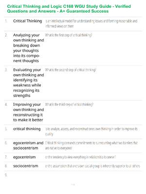 Preview of Critical Thinking and Logic C168 WGU Study Guide - Verified Questions and Answers - A+ Gua