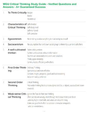 Preview of WGU Critical Thinking Study Guide - Verified Questions and Answers - A+ Guaranteed Success