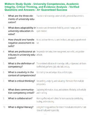 Preview of Midterm Study Guide - University Competencies, Academic Integrity, Critical Thinking, and Evidence Analysis - Verified Questions and Answers - A+ Guaranteed Success