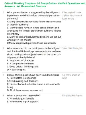 Preview of Critical Thinking Chapters 1-2 Study Guide - Verified Questions and Answers - A+ Guarantee