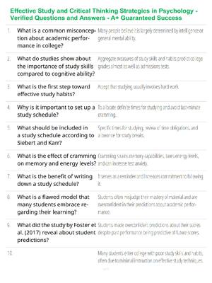 Preview of Effective Study and Critical Thinking Strategies in Psychology - Verified Questions and Answers - A+ Guaranteed Success