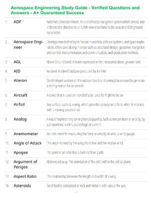 Preview of Aerospace Engineering Study Guide - Verified Questions and Answers - A+ Guaranteed Success