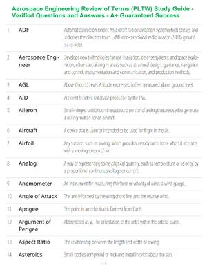 Preview of Aerospace Engineering Review of Terms (PLTW) Study Guide - Verified Questions and Answers