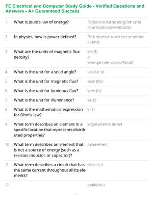 Preview of FE Electrical and Computer Study Guide - Verified Questions and Answers - A+ Guaranteed Su