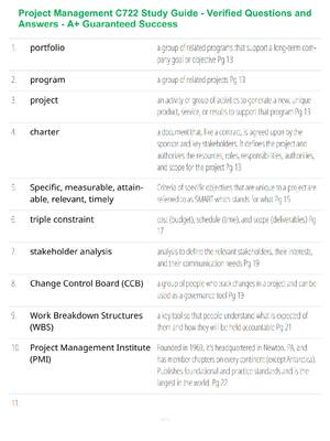 Preview of Project Management C722 Study Guide - Verified Questions and Answers - A+ Guaranteed Success