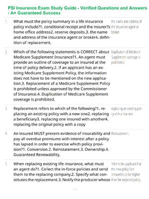 Preview of PSI Insurance Exam Study Guide - Verified Questions and Answers - A+ Guaranteed Success