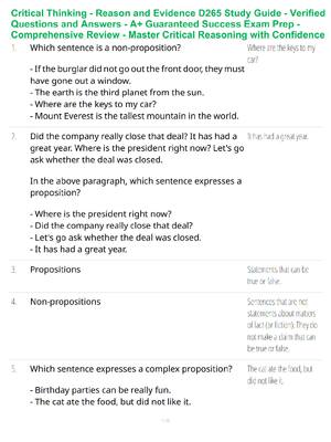 Preview of Critical Thinking - Reason and Evidence D265 Study Guide - Verified Questions and Answers