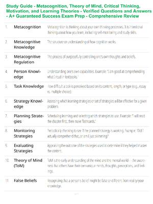 Preview of Study Guide - Metacognition, Theory of Mind, Critical Thinking, Motivation, and Learning T