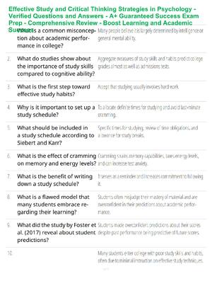 Preview of Effective Study and Critical Thinking Strategies in Psychology - Verified Questions and An