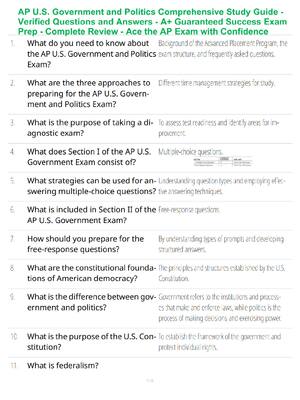 Preview of AP U.S. Government and Politics Comprehensive Study Guide - Verified Questions and Answers
