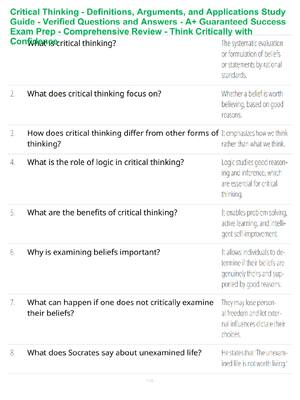 Preview of Critical Thinking - Definitions, Arguments, and Applications Study Guide - Verified Questi